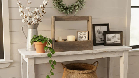 Real Reclaimed Barnwood Tote Carry All Planter Box For Indoor And Outdoor Farmhouse Decor Accent displayed on a white table