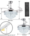 Diagram showing dimensions of Crystal Ceiling Fan With Light 42 Inch Fandelier Retractable Blades Remote Control Six Speeds