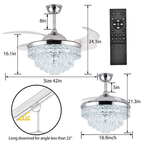 Diagram showing dimensions of Crystal Ceiling Fan With Light 42 Inch Fandelier Retractable Blades Remote Control Six Speeds