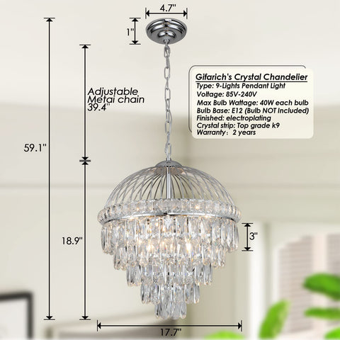 Nine Light Crystal Chandelier With K9 Crystals, Chrome Finish, Modern Luxe Vibe For Dining Room Or Living Room, 18 Inch Diameter, 19 Inch Height, Adjustable 39.4 Inch Chain, Perfect Foyer Or Kitchen Entry Light.