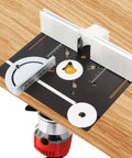 Rock Solid Aluminum Router Table Insert Plate With Miter Gauge For Woodworking Trimming And Flip Milling Jig To Keep Seams Tight And Level Up Your Shop Setup Fast In Matte Black on a workbench.