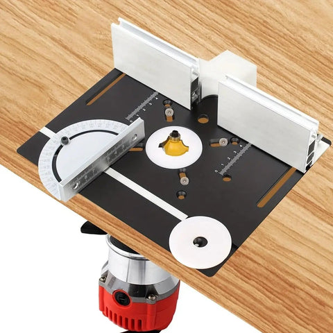Rock Solid Aluminum Router Table Insert Plate With Miter Gauge For Woodworking Trimming And Flip Milling Jig To Keep Seams Tight And Level Up Your Shop Setup Fast In Matte Black on a workbench.