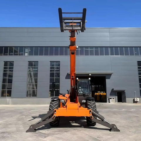 Built Different Heavy Duty Telescopic Handler Forklift With Smart Boom Extension showcasing full height against a gray building.