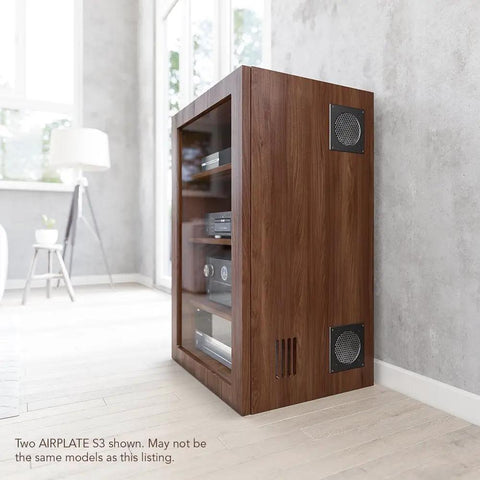 AirPlate S3 Quiet 6-Inch Cooling Fan System with Multi-Speed Controller installed in a wooden home theater cabinet.