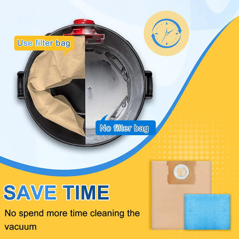 15 Pack 5-8 Gallon Vacuum Bags For Wet Dry Vacs Fit Stanley SL18115 SL18116 SL18117 SL18158 And Porter-Cable PCX18404P-6A PCX18406-5B shown with usage comparison.