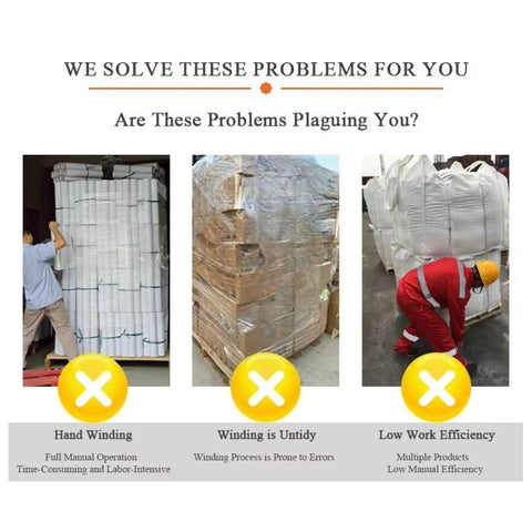 Automatic Pallet Wrapping Machine For Industrial Shipping And Material Handling High Speed Pallet Wrapping System To Secure Loads Cut Labor Time Ideal For Warehouses And Distribution Centers highlighting manual wrapping inefficiencies.