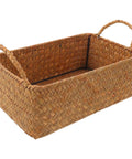 Spacious Open Top Seagrass Woven Storage Basket With Heavy Duty Handles For Kitchen Farmhouse Pantry Bathroom Towels Cosmetics And Hassle Free Daily Organization Goals, angled view showing rectangular shape and woven texture.