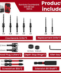 Hella Tough Fifteen Piece Hss Countersink Drill Bit Set For Wood Featuring Three Eighth And Half Inch Plug Cutters with various drill and plug cutter sizes.