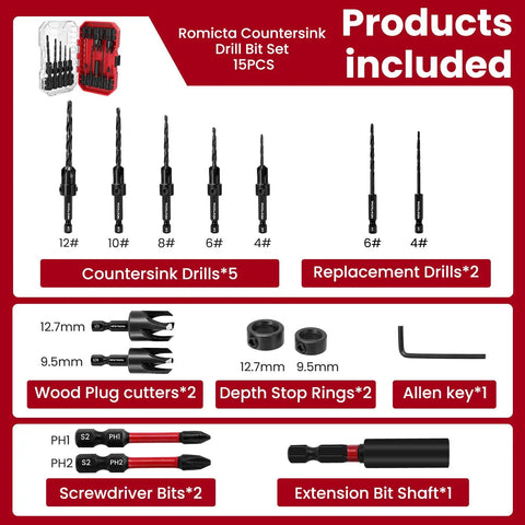 Hella Tough Fifteen Piece Hss Countersink Drill Bit Set For Wood Featuring Three Eighth And Half Inch Plug Cutters with various drill and plug cutter sizes.