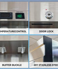 Close-up of features on Heavy Duty Two Door Reach In Commercial Freezer 49 Cu Ft Stainless Steel, showing control panel, lock, and material.