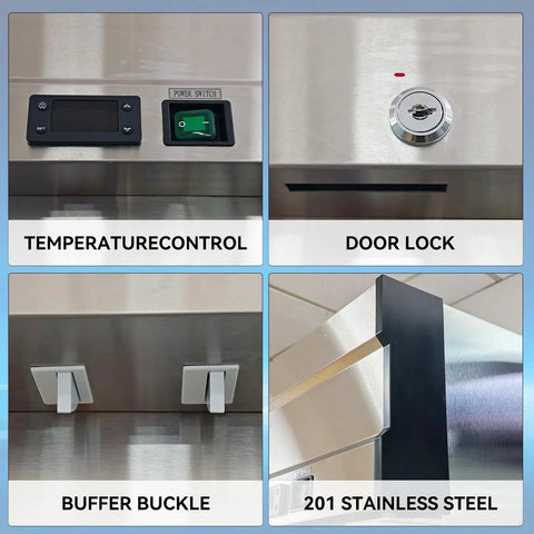 Close-up of features on Heavy Duty Two Door Reach In Commercial Freezer 49 Cu Ft Stainless Steel, showing control panel, lock, and material.