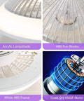 15 Inch Enclosed Bladeless Ceiling Fan with RGB Dimmable LED Light, showing acrylic lampshade and quiet QH-488SF motor.