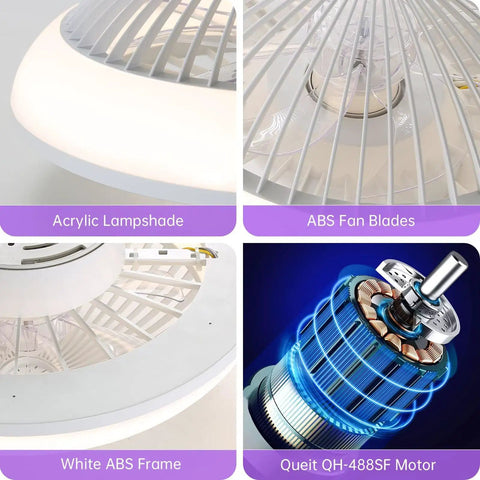 15 Inch Enclosed Bladeless Ceiling Fan with RGB Dimmable LED Light, showing acrylic lampshade and quiet QH-488SF motor.