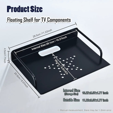 Diagram showing dimensions of Floating Wall Mount Entertainment Shelf For TV Area Under The TV AV Rack For Cable Box Blu Ray Player Game Console And Projector Gear Ready Metal Router Shelf Storage 10.27 By 8.07 Inches Modern Cable Organization