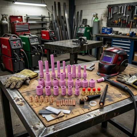 Get Your Tig Torch Running Smooth With This Ultimate Industrial Parts Accessory Kit, Featuring pink ceramic nozzles and brass fittings.