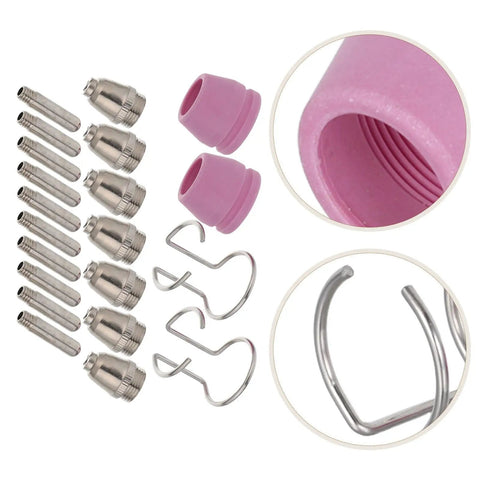 Heavy Duty Plasma Cutter Torch Tip Nozzle Consumables Kit For Handheld Welding with pink drag shield and metal nozzles.