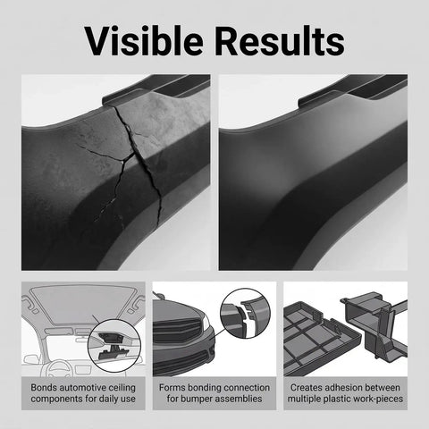 Heavy Duty Car Bumper Repair Adhesive For A Hella Strong Quick Fix On Cracked Plastic And Broken Auto Housing, shows before and after repair.