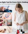 Collage showing 37 Piece Big Eye Stainless Steel Sewing Needles Kit With Threader, Thread Ripper, Thimbles And Accessories For Hand Sewing, Easy Threading For All Fabrics And Leather, A Real Win For Beginners And Crafters in use for various sewing projects.