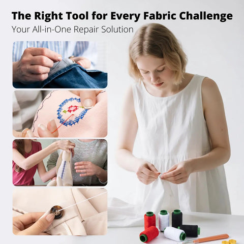 Collage showing 37 Piece Big Eye Stainless Steel Sewing Needles Kit With Threader, Thread Ripper, Thimbles And Accessories For Hand Sewing, Easy Threading For All Fabrics And Leather, A Real Win For Beginners And Crafters in use for various sewing projects.