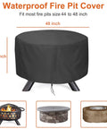 48 Inch Fire Pit Cover For 45 To 48 Inch Round Fire Pits Waterproof Windproof Dustproof UV Resistant Heavy Duty Outdoor Patio Shield Fits Most Fire Pit Tables Black showing cover on a fire pit
