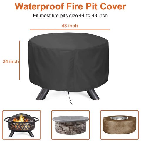 48 Inch Fire Pit Cover For 45 To 48 Inch Round Fire Pits Waterproof Windproof Dustproof UV Resistant Heavy Duty Outdoor Patio Shield Fits Most Fire Pit Tables Black showing cover on a fire pit