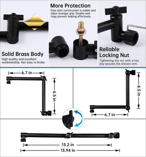 Diagram of 13 Inch Shower Head Extension Arm With Solid Brass Construction, Adjustable Height And Angle Extender, Matte Black
