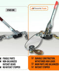 Comparison of two winches; Durable steel come along winch with ratchet stopper vs fragile non-galvanized model without stopper.