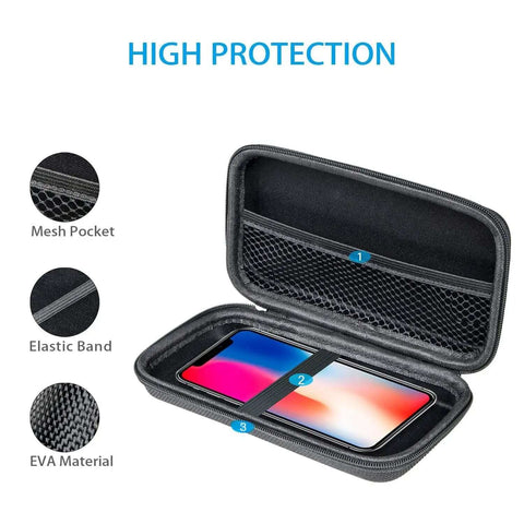High-Impact Hard EVA Case For Power Bank Cell Phone Mesh Pocket Storage Bag Compact Travel Container showing interior with phone and pockets.