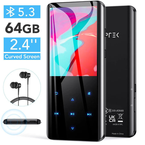 64GB Bluetooth MP3 Player With A19 2.4 Inch Curved Screen, Expandable To 196GB, Long Lasting Battery, black design with earbuds