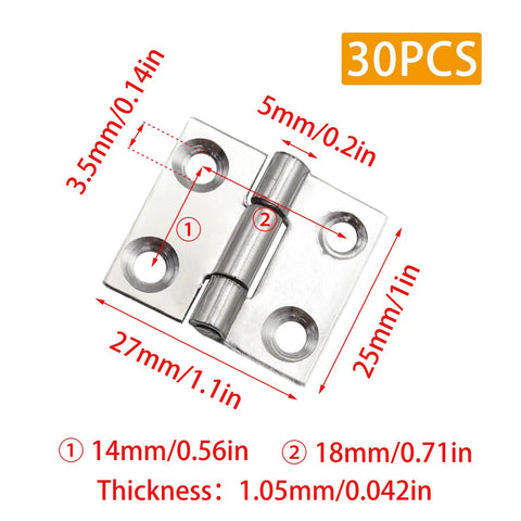 Hella Corrosion Resistant 1 Inch Stainless Steel Mini Folding Butt Hinges For Cabinets And Furniture Badass Strength Metal Hardware No Drama Mounting Slick Operation 30 Pack, showing dimensions and details.