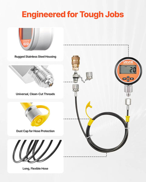 Digital Hydraulic Pressure Test Kit With Dual Gauge 0 To 10000 PSI Manometer Tester Includes Nine Test Couplings Two Quick Release Couplers And Two Hoses For Excavators And Construction Machinery Pro Grade in rugged stainless steel with flexible hose