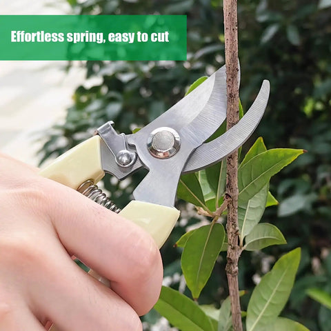 Two Pack Lightweight Garden Flower Scissors Pruning Shears used on a branch showing clean cut and ergonomic soft grip