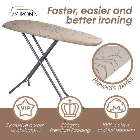 Heavy Duty Padded Ironing Board Cover And Pad No Fuss 15x54 Inches with floral beige pattern on board