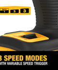 Close-up of 3-speed settings on 20V Max XR Brushless Impact Driver With One Quarter Inch Hex High Torque 3 Speed LED Work Light Extended Runtime Cordless Tool Only 1825 In Lbs Torque And 3400 RPM.