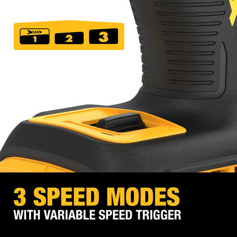 Close-up of 3-speed settings on 20V Max XR Brushless Impact Driver With One Quarter Inch Hex High Torque 3 Speed LED Work Light Extended Runtime Cordless Tool Only 1825 In Lbs Torque And 3400 RPM.