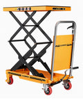 CAMMOO hydraulic lift table cart with scissor lift, orange-yellow frame, 330 lb capacity, 49.6 in lift, castered wheels