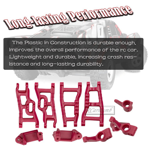 Red RC Car Parts Set For 1/10 Slash 2WD Front and Rear Suspension Arms displayed in front of RC truck image