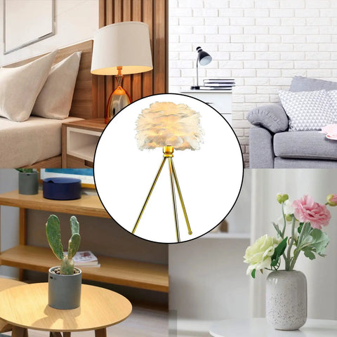2 Pack White Feather Table Lamps With Metal Body And Gold Finish Tripod, cozy nightstand light for modern living room decor