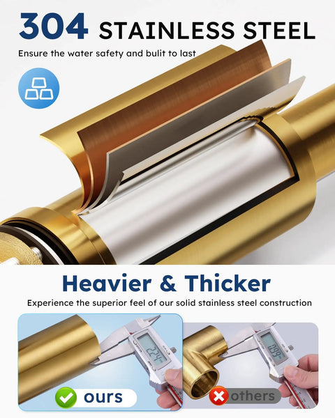 Close-up of 304 stainless steel construction in WOWOW 2 Handle Kitchen Faucet 4 Hole with Sprayer and Soap Dispenser, showcasing quality thickness.