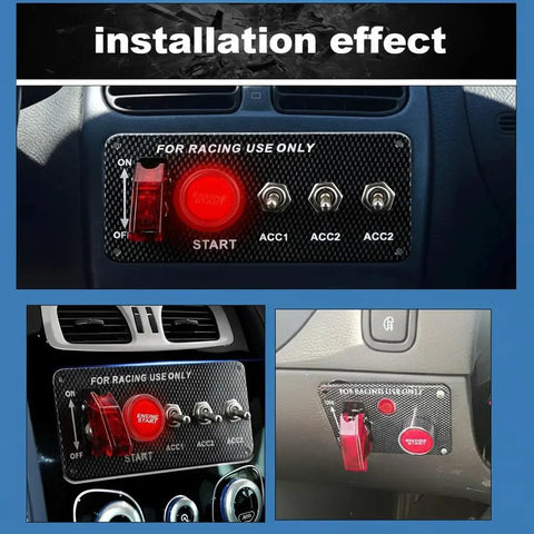 12V Racing Car Ignition Switch Panel 5 In 1 With Engine Start Button, LED Toggle Switches, Carbon Fiber Look installed in vehicle