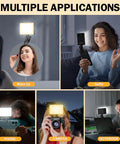 Collage of applications for 120 LED Selfie Light for iPhone Clip and Tripod Adapter with various devices and uses