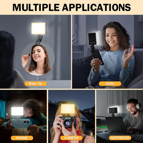 Collage of applications for 120 LED Selfie Light for iPhone Clip and Tripod Adapter with various devices and uses
