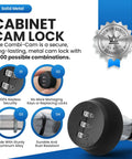 Keyless Combi Cam Lock 3 Dial Cabinet Lock 5/8 Inch Black Finish shown with security features and combinations