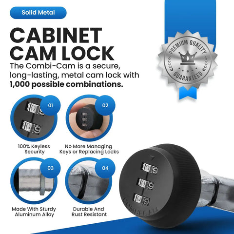 Keyless Combi Cam Lock 3 Dial Cabinet Lock 5/8 Inch Black Finish shown with security features and combinations
