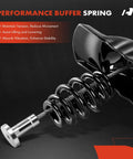 Close-up of performance buffer spring with tension, lifting, vibration benefits. Black metal spring.