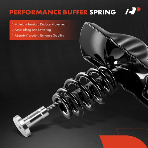 Close-up of performance buffer spring with tension, lifting, vibration benefits. Black metal spring.