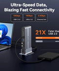 Slick Five Monitor Docking Station With Beefed Up Cooling Fan Handles Killer Eight K Plus Quad Four K 120Hz Panels And Rapid USB C Power Delivery for multitasking with laptop and external drive.
