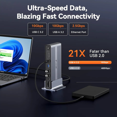 Slick Five Monitor Docking Station With Beefed Up Cooling Fan Handles Killer Eight K Plus Quad Four K 120Hz Panels And Rapid USB C Power Delivery for multitasking with laptop and external drive.