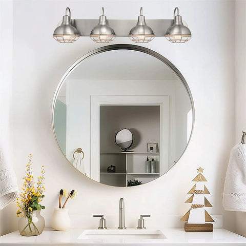 Bathroom scene with 36-Inch 4-Light Modern Industrial Vanity Light With Metal Cage Shades In Brushed Nickel Finish above a mirror