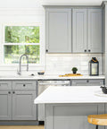 Modern kitchen with grey cabinets fitted with Matte Black Square Cabinet Knobs For Cabinets And Drawers, Dope Modern Kitchen Hardware Set.